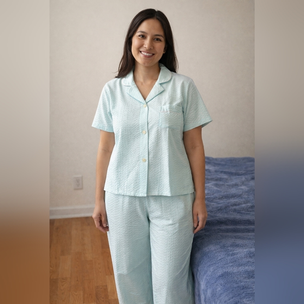 Vintage Nocturne by Liffy Light Blue Seersucker 100% Cotton Pajama Set Size 36/M